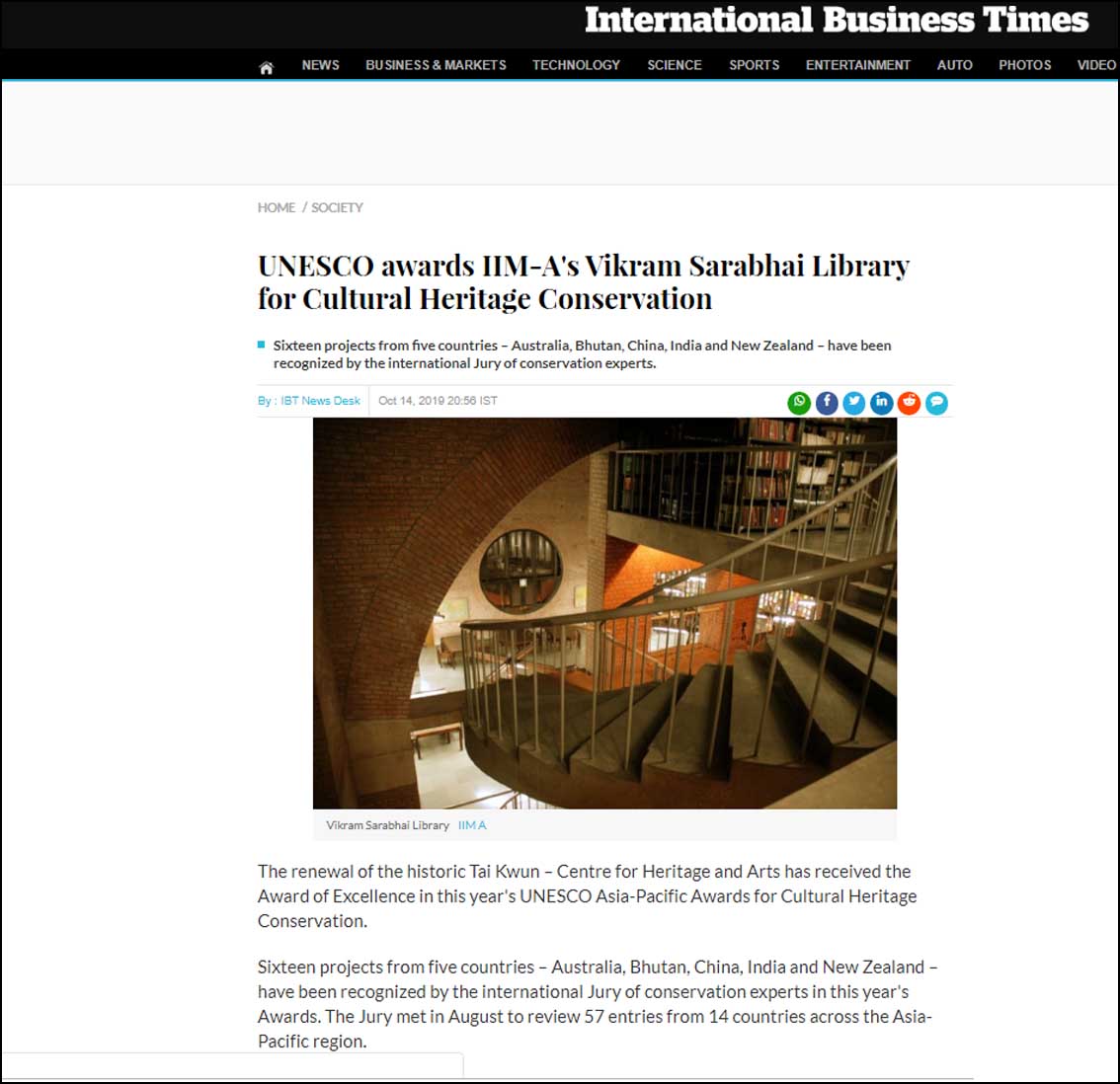 UNESCo awards IIM-A's Vikram Sarabhai Library for Cultural Heritage Conservation, Society, International Business Times -  October 2019